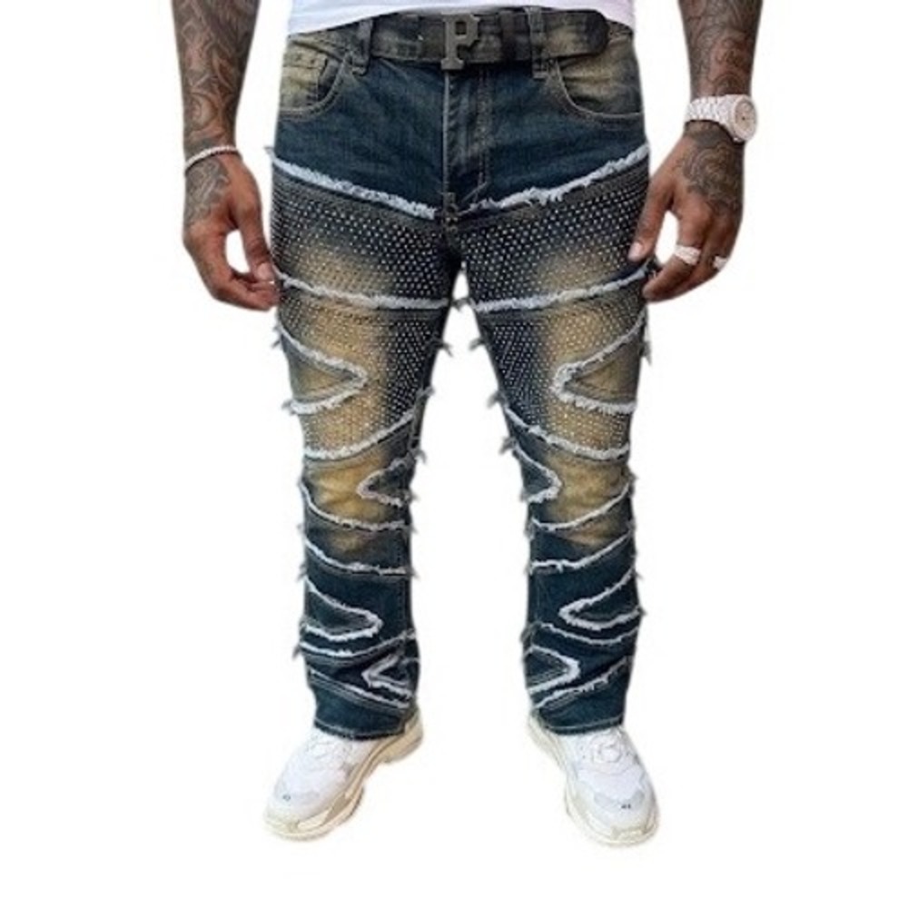 PJ Mark Mens Stacked Flare Distressed Rhinestone Studded Jeans Blue 30/34 Y2K 30
